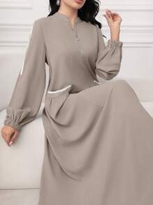Al Najma 女士拉链长袖时尚口袋温柔优雅阿拉伯风格连衣裙，休闲运动风，适合日常休闲/工作/返校，超长阿拉伯连衣裙 - 卡其色 - 查看 7