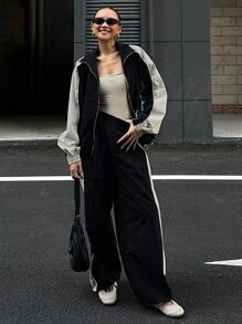DAZY 女士秋季撞色拼接外套和裤子两件套，秋季女装家居服套装 - 黑色 - 查看 3