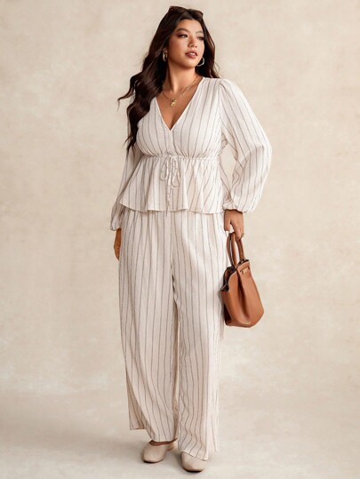 Elaquor Plus Size Women's Striped Lantern Sleeve Tie Waist Shirt And Wide Leg Pants Casual 2 Pieces Set