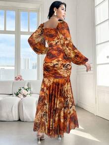 Modelyn Women's Elegant Floral Print Lantern Sleeve Fishtail Dress
