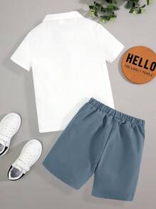 SHEIN Tween Boys' Casual & Comfortable Equestrian Print Polo Shirt And Shorts Set - Blue - View 2