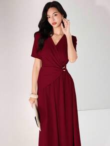 Heiryn 女士优雅纯色裹身长裙，夏季 - 酒紅色 - 查看 5