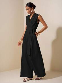 Zivah 2025春夏新款杏色无袖不对称褶饰腰带纹理亚麻连体裤-B - 黑色 - 查看 3