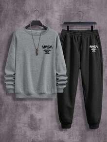 EURMUSE 2pcs Men's Casual Long Sleeve Sweatshirt And Loose Sweatpants Set - Grey - View 2