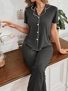 SHEIN 休闲宽松超大柔软垂坠轻盈夏季针织深灰色荷叶边短袖女式连体裤 - 深灰色 - 查看 5