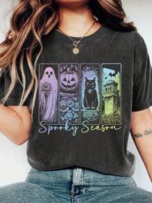 EMERY ROSE Kaos Halloween Ukuran Besar, Kaos Grafis Streetwear Ukuran Besar, Atasan Kasual Musim Panas, Nuansa Liburan - Dark Grey - View 3