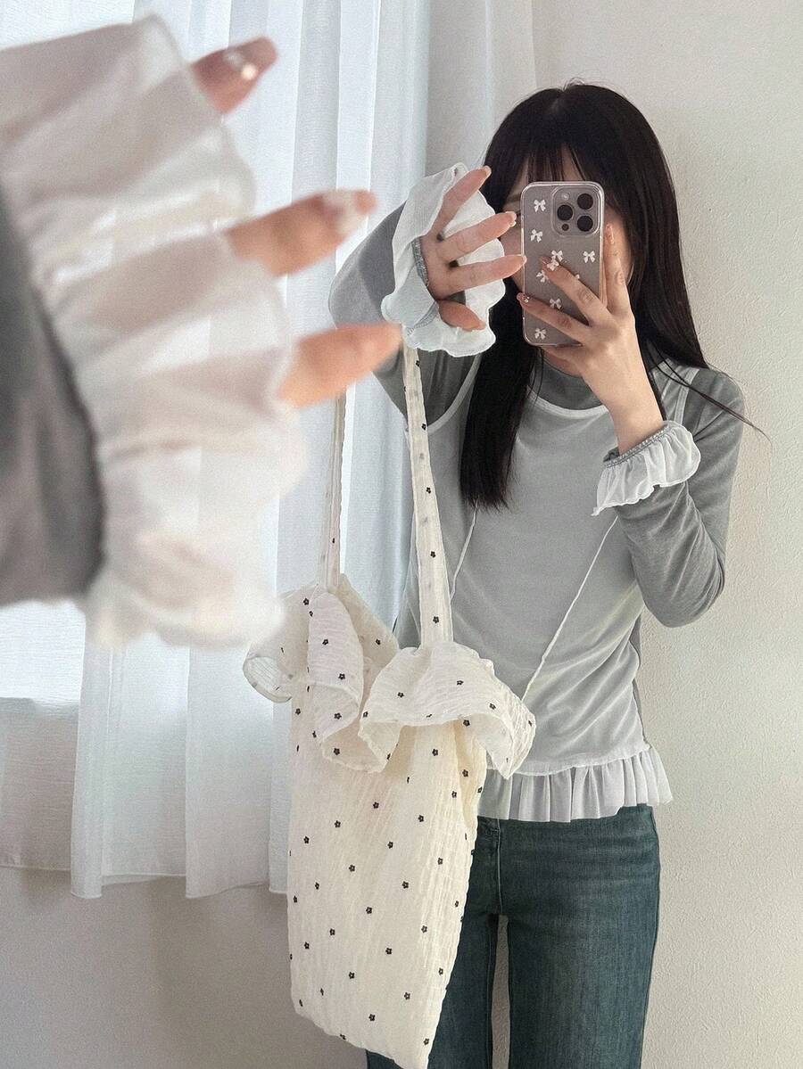 FRIFUL Camiseta de manga larga con cuello redondo, de tela de malla transparente con parches, con dobladillo fruncido, ajustada, para otoño - Gris - Ver 1