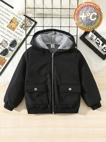 SHEIN 男童休闲舒适保暖连帽加厚羽绒服，冬季男童冬季外套，男童黑色抓绒外套，男童连帽冬季外套，男童带帽冬季大衣，男童黑色羊羔绒外套