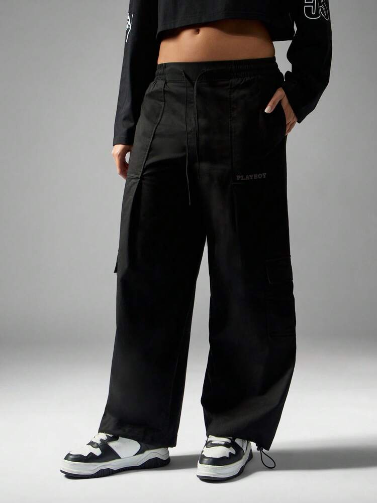 Missguided x Playboy Pantalones anchos de carga de uso utilitario, moda urbana con cordón, ajuste relajado, estética Y2K, pantalones con puños, esencial de uso diario para invierno y otoño