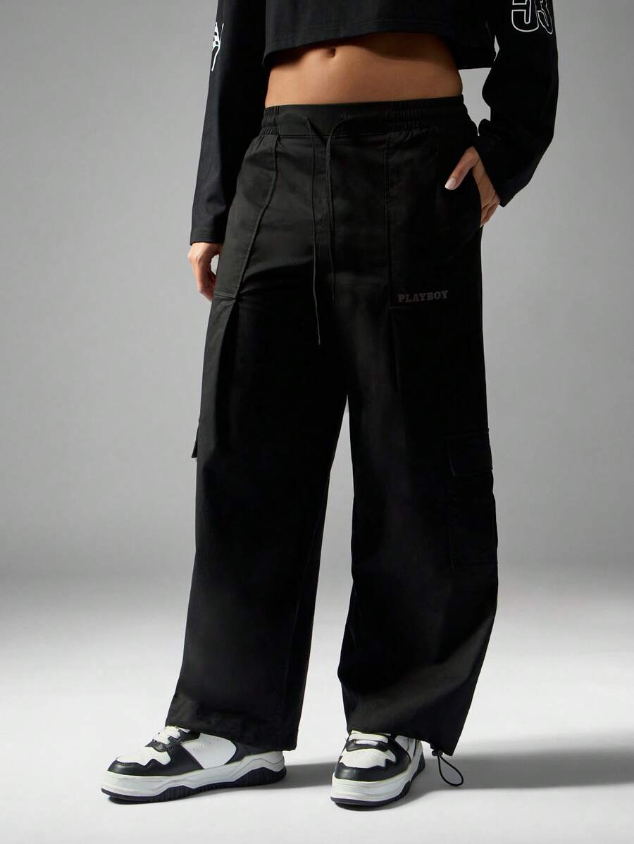 Missguided x Playboy Utility Cargo Wide Leg Pants Streetwear Fashion Drawstring Relaxed Fit Y2K Aesthetic Cuffed Trousers Winter Fall Everyday Essential - Black - View 1