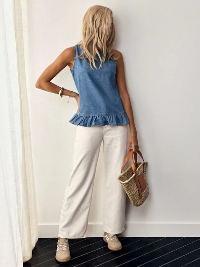 EMERY ROSE Vacation Casual Sleeveless Denim Top With Back Buttons And Ruffle Hem