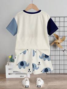 SHEIN 男婴休闲圆领短袖大象印花上衣和短裤两件套，适合夏季穿着，男婴服装，大象图案，男婴夏季套装，男婴夏季服装，男婴大象套装，男婴夏季服装