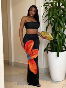 Slaydiva 2 件装 2025 新款夏季海滩度假日常性感短款抹胸 + 花卉印花裙女式套装 - 彩色 - 查看 5