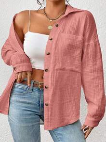 SHEIN VCAY Áo sơ mi tay dài trễ vai màu trơn cỡ lớn dành cho nữ, đơn hàng khuy, túi thường ngày - Bụi hồng - Xem 3