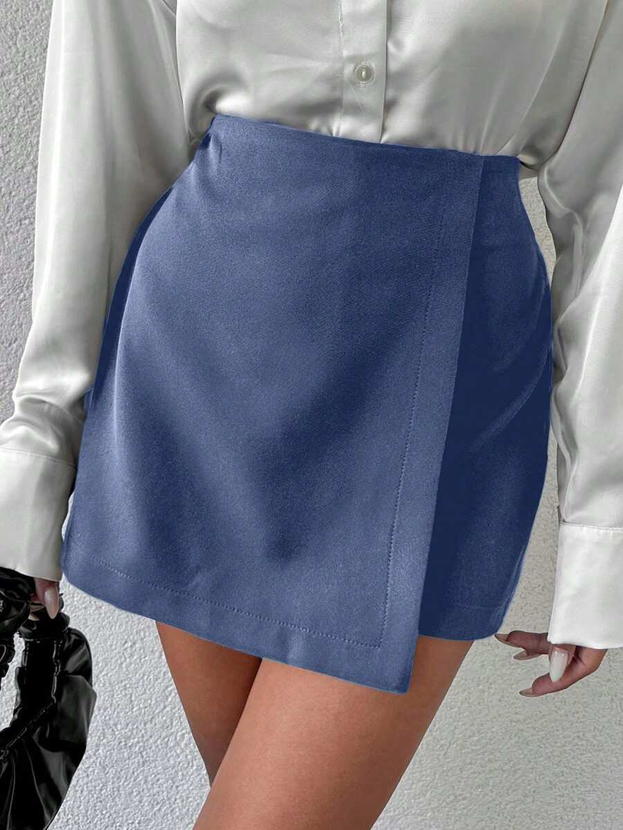 RueChic 100%Cotton Solid Color Asymmetrical Hem Skort - Dusty Blue - View 1