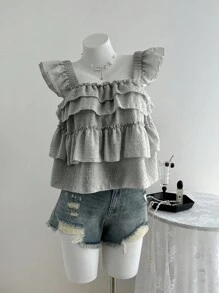 Franclia 女士纯色短袖荷叶边下摆休闲上衣，适合度假穿着 - 淺灰色 - 查看 4