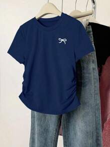 INAWLY 3Pcs Plus Size Women's Fashion Versatile Bow Print Athletic T-Shirts Tops Set, Suitable For Summer - Multicolor - View 12