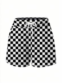 INAWLY Bộ 2 món áo thun cổ tròn tay ngắn in họa tiết nơ và quần short caro thường ngày cho nữ - Nhiều màu - Xem 5