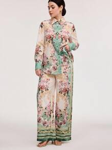 Veilorie 2pcs Women's Front Button Up Long Sleeve All-Over Print Top And Pants Set 2 Pieces Set - Multicolor - View 5