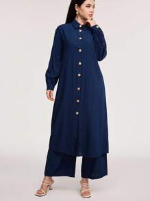 Veilorie Solid Button Front Shirt & Wide Leg Trousers - Navy Blue - View 4