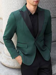 Manfinity Bizformal 男士撞色翻领长袖休闲西装外套，Old Money - 墨綠色 - 查看 3
