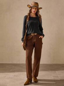 Wildy Fall Country Chic Women's Casual Washed Raglan Sleeve T-Shirt Babydoll Dress Cropped Sweater Gray Sweater Jumper For Women Ribbed Sleeve Sweater Button Up Sweater Women Jumper Women T-Shirt Ribbed T-Shirt PreFall Sweater - Black - View 3