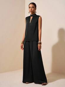 Zivah 2025 春夏新款音乐节、复活节、圣帕特里克节、西部风、游牧风、生日派对、毕业典礼、学院风、学生装、日常休闲、基础百搭、休闲、邮轮旅行、海滩、日光浴、病毒式传播、街头服饰、婚礼宾客波西米亚风、通勤、早午餐、机场装 2 件套：棕色缎面醋酸亚麻仿高领褶皱无袖上衣和西装裤 - 黑色 - 查看 3