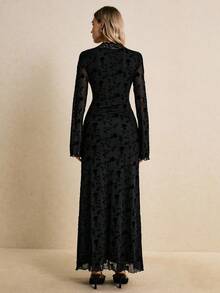 Poéselle Elegant Black Floral Lace Maxi Dress For Women,Autumn V Neck Long Sleeve Evening Gown,Gothic Formal Party Dining Dress,Vintage Inspired - Black - View 2