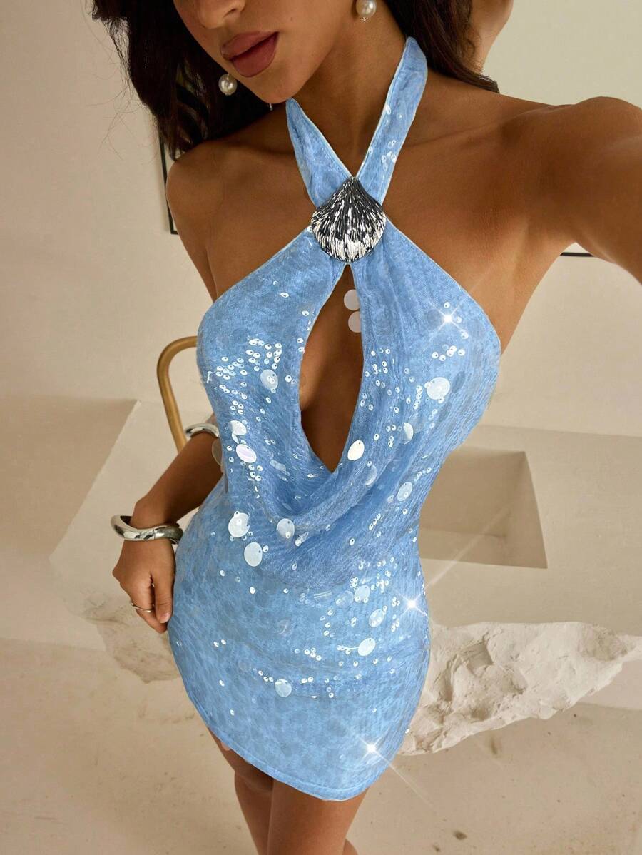 Vowa 优雅交叉露背吊带镂空紧身迷你连衣裙，性感迷人，适合约会、海滩、生日派对、舞会、毕业典礼、婚礼、鸡尾酒会、情人节等场合。 - 藍色 - 查看 1