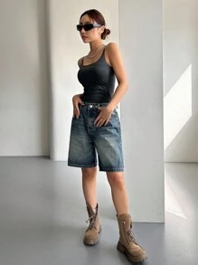 Dazy Star 實色牛仔短褲,帶有口袋 - 中等水洗藍 - 查看 2