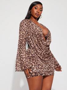 SHEIN SXY 大码女装春夏性感日常基础款三件套，豹纹网纱面料垂领连衣裙+比基尼文胸+半身裙套装，适合日常穿着。豹纹动物印花，适合日常穿着，波西米亚风，外出，度假，海滩度假，假日，海边，西式服装，音乐节，演唱会，狂欢节派对，层次丰富，约会之夜，伊比沙岛，纳什维尔，休闲，端庄，时尚，夜店，可爱，休闲，购物，街头风，外出，显瘦，凸显身材，修饰身形，返校节礼服 - 彩色 - 查看 7