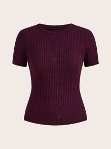 Modelyn 大码女式纯色圆领短袖针织上衣和鱼尾针织中裙套装 - 酒紅色 - 查看 3