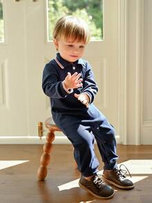 Souflis Souflis 1 Stück Minimalistischer Polokragen Rippstrick Langarm Jumpsuit für Säuglinge, Marineblau, Herbst/Winter Marineblauer Baby Jungen Jumpsuit Baby Jungen Jumpsuit Baby Jungen Kleidung Jungen Kleidung für Babys - Königsblau - Übersicht 6
