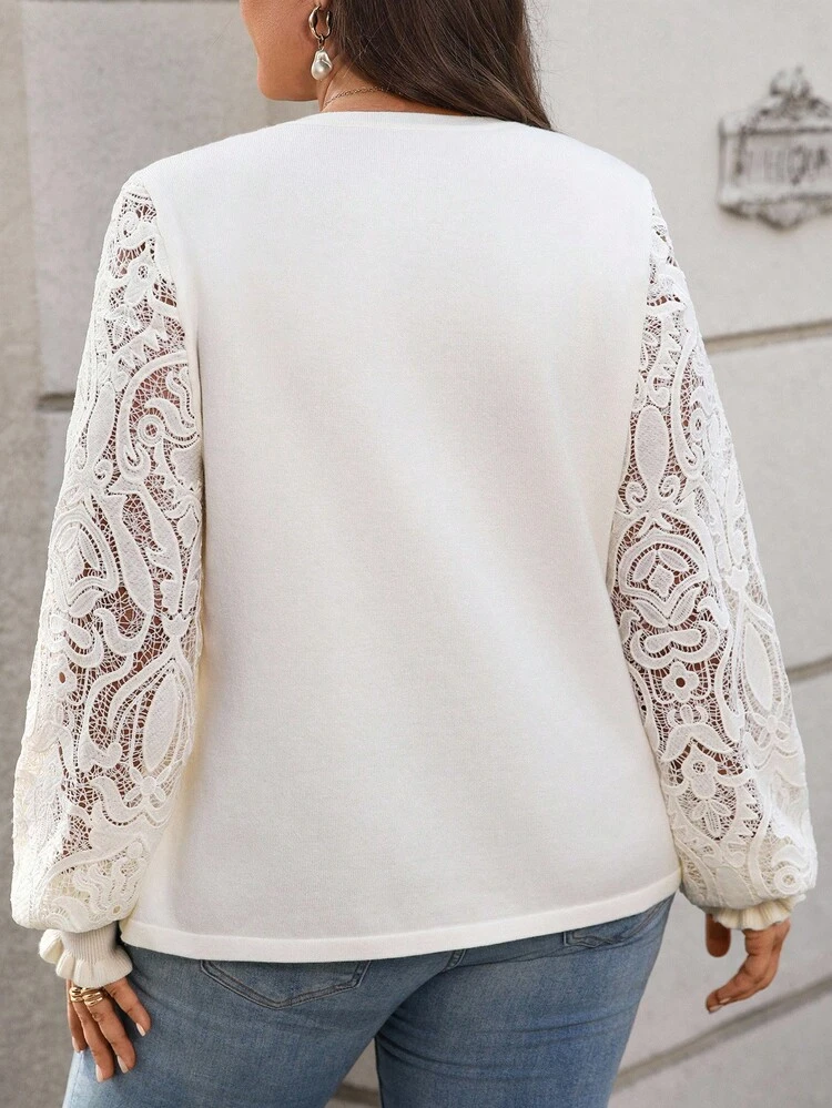 Plus Size Women Elegant CasualCrew Neck Contrast Lace Long Sleeve Loose Pullover Sweater Fall Clothes For Women Fall Clothes Plus Size Fall Sweaters Winter Coat Women Fall Sweaters