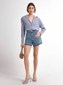 Daynim Women's Pocketed Frayed Hem Loose Casual Denim Shorts Loose Wide Leg - Medium Wash - View 5