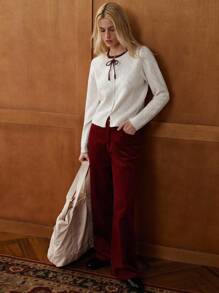 Écloséra Cárdigan de punto con cuello redondo, manga larga, bloqueo de color, lazo, patrón de cuadros de diamante jacquard en albaricoque, blanco y burdeos para mujer en primavera/otoño/invierno, estilo vintage francés, ropa de trabajo, ropa de oficina, atuendos de maestro, vuelta al colegio, otoño, estilo casual de negocios, estilo de dinero antiguo, estilo universitario preppy