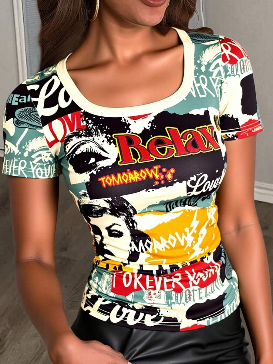 Slaydiva 2025新款夏季休闲街头运动音乐节热卖常规款方领短袖收腰褶皱全幅复古报纸人像印花杏色女士T恤 - 彩色 - 查看 1