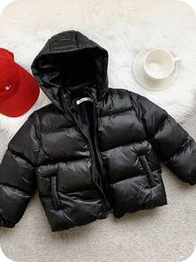 SHEIN Young Boy Black Loose Fit Casual Thick Quilted Hooded Jacket, Suitable For Autumn/Winter Fall - Black - View 3