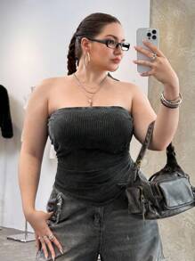 SHEIN EZwear Black Strapless Plus Size Women Top - Black - View 1