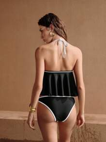 Swim Chiccia 2pcs/Set Women's Summer Beach Vacation Black & White Contrast Color Camisole Strap Bikini Swimsuit, Metal Decor, Slimming, Triangle Swim Bottoms