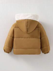 SHEIN Playful Pals 男婴幼儿 0-3 岁休闲日常百搭保暖羊毛连帽厚夹克，秋冬 - 卡其色 - 查看 2