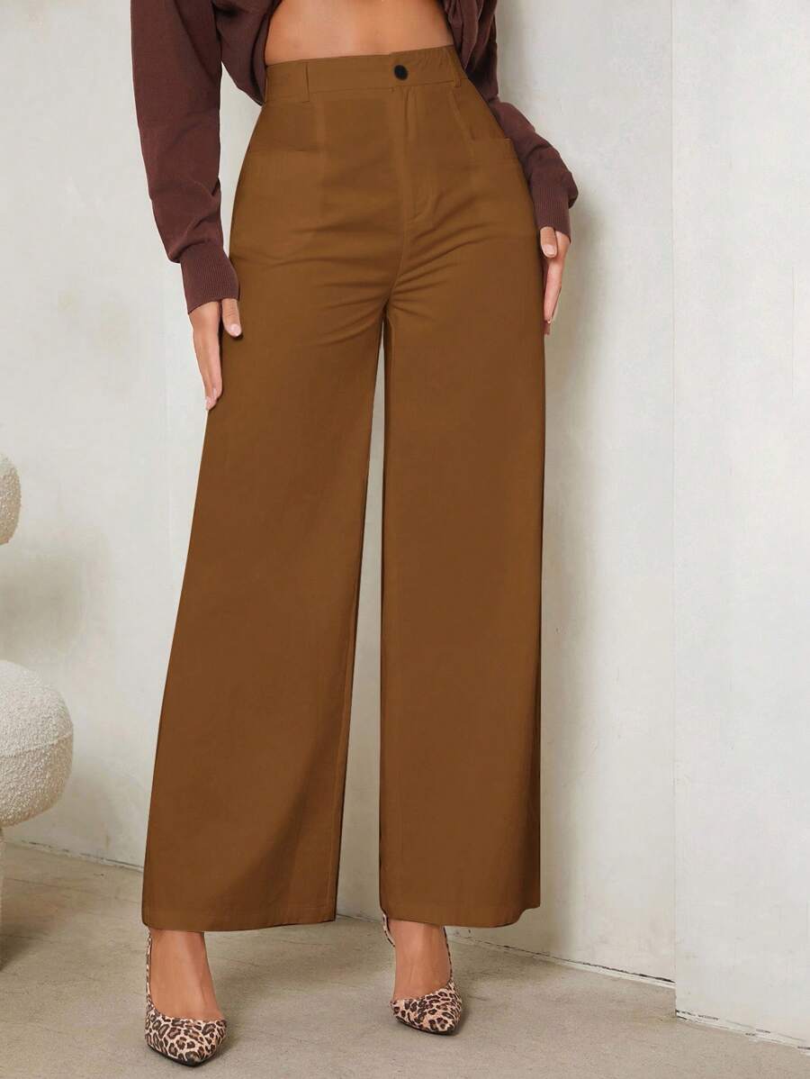 SHEIN Tall Pantalones de unicolor de moda para mujer, aptos para el verano - Marrón - Ver 1