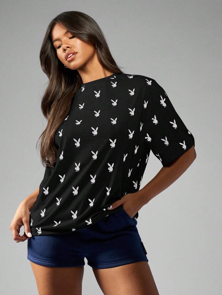 Missguided x Playboy Bunny Logo All Over Print Oversized T Shirt Modern Fashion Statement Streetwear Casual Everyday Weekend Loungewear Monochrome Design