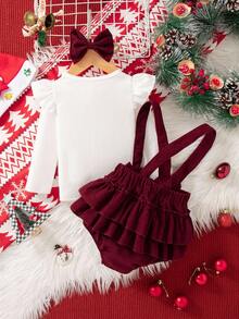 SHEIN 2 件套女婴春秋新款服装套装，罗纹长袖上衣，荷叶边袖子，灯芯绒围兜，蝴蝶结装饰，适合居家、派对穿着，配有头带 - 彩色 - 查看 4