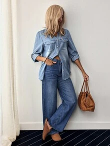 EMERY ROSE 女士 V 领单排扣下摆袖口休闲牛仔衬衫 - 淺色水洗藍 - 查看 5