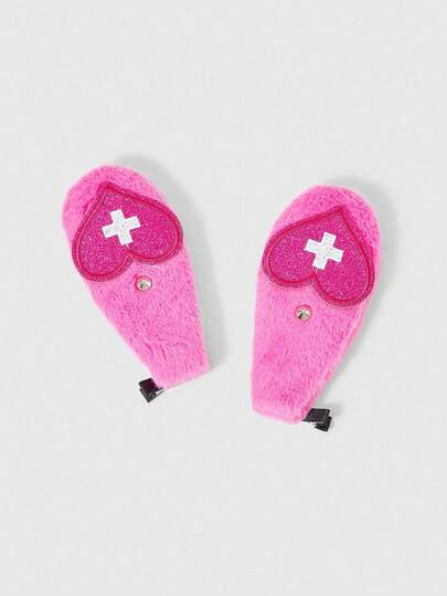 Anime 2pcs Cute Heart & Rivet Decor Hair Clips, Y2K Glitter Fluffy Rabbit Ear Duck Clip, Niche Design Fashion Hair Accessories