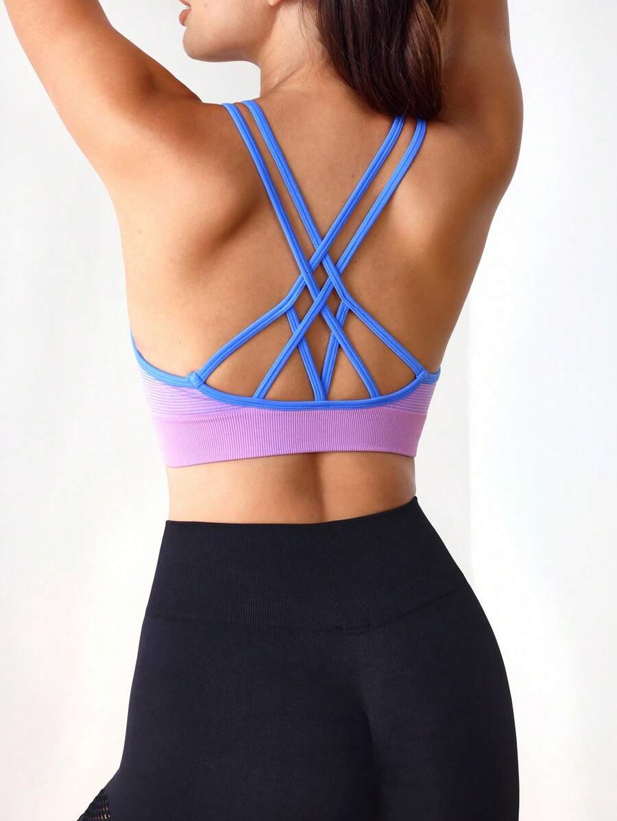 Menodora SHEIN Sport 渐变色交叉吊带运动文胸 - 寶藍色 - 查看 1