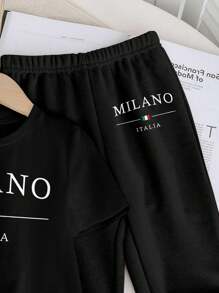 SHEIN 2 件套年轻男孩休闲经典徽标印花圆领短袖 T 恤和裤子，儿童服装，返校服装 - 黑色 - 查看 5