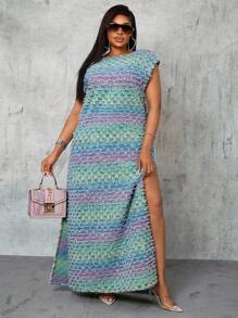 Slaydiva Plus Size Cowgirl Outfit Colorful Non-Stretch Sexy Fashion High Slit Dress, Rodeo Outfits For Women Old Money Elegant Outfit Iridescent Maxi Dress Autumn