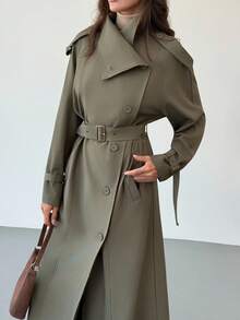 Aloruh 秋冬新款简约时尚立领喇叭腰系带宽松休闲长款风衣 - 綠色 - 查看 7